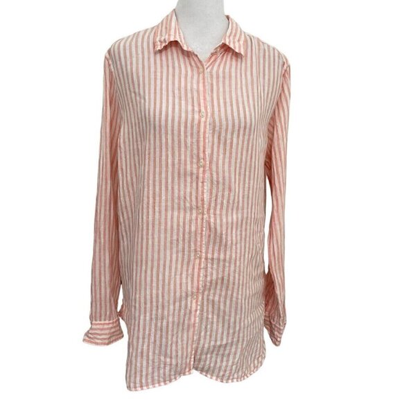 Uniqlo 100% Linen Stripe Button Front Shirt Top Lightweight Pink size Large - Picture 1 of 7